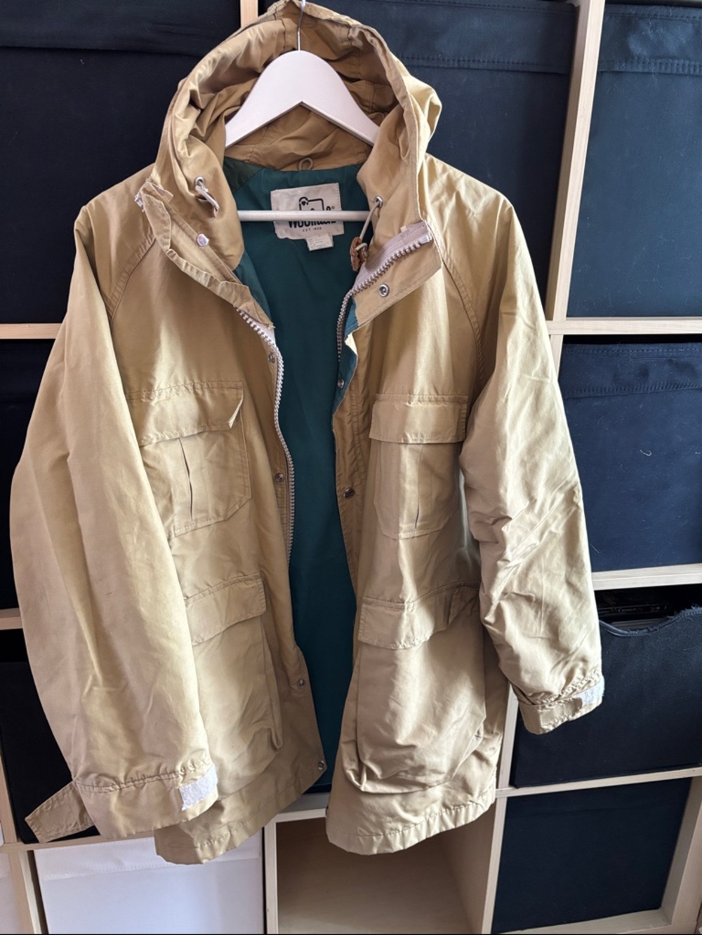 Vintage Woolrich tan and teal hooded field jacket